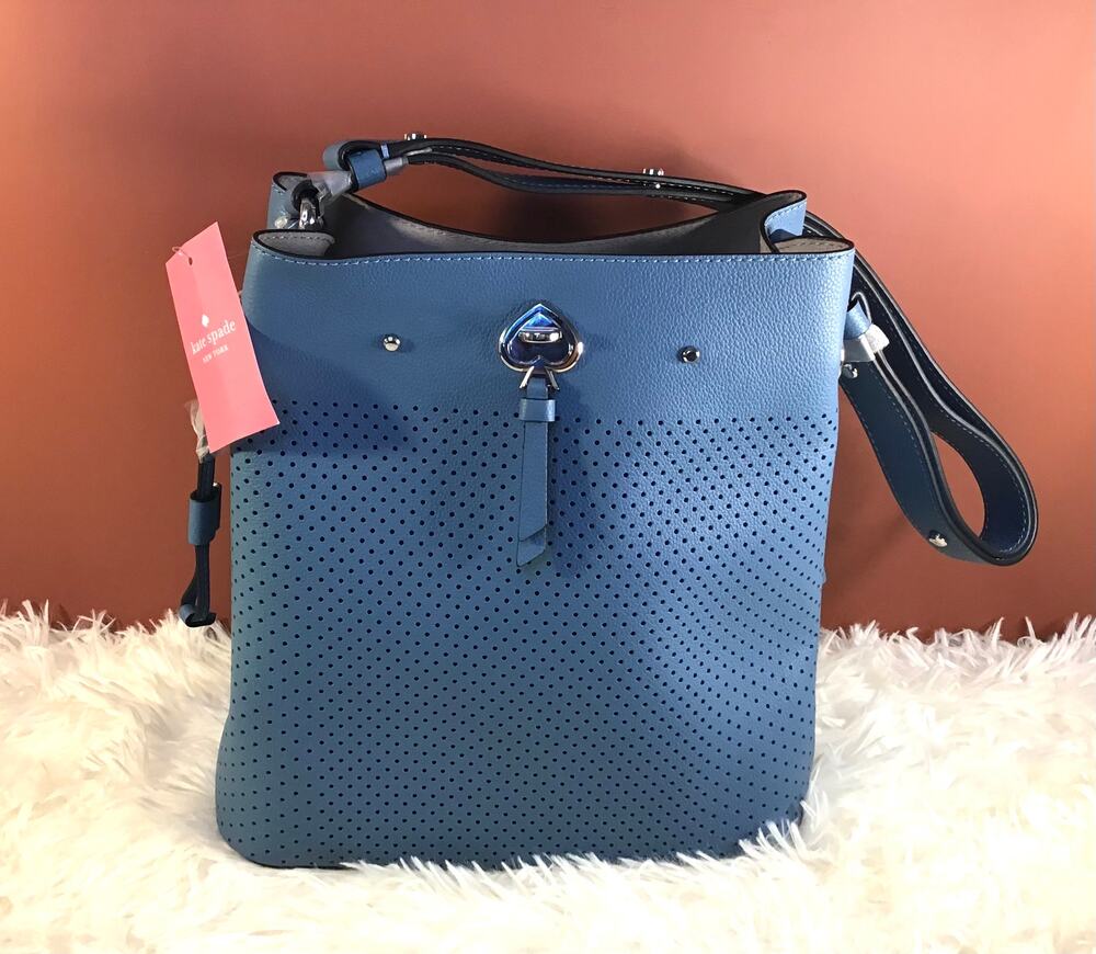 NWT Kate Spade Small Marti Niagara Blue Perforated Leather Bucket Bag